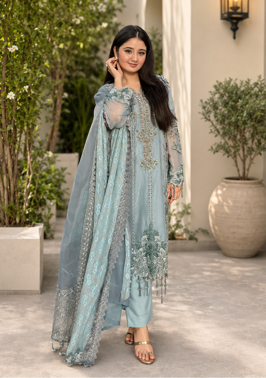 Maria B Luxury Embroidered Chiffon 3Pc Unstitched / Stitched Suit Blue
