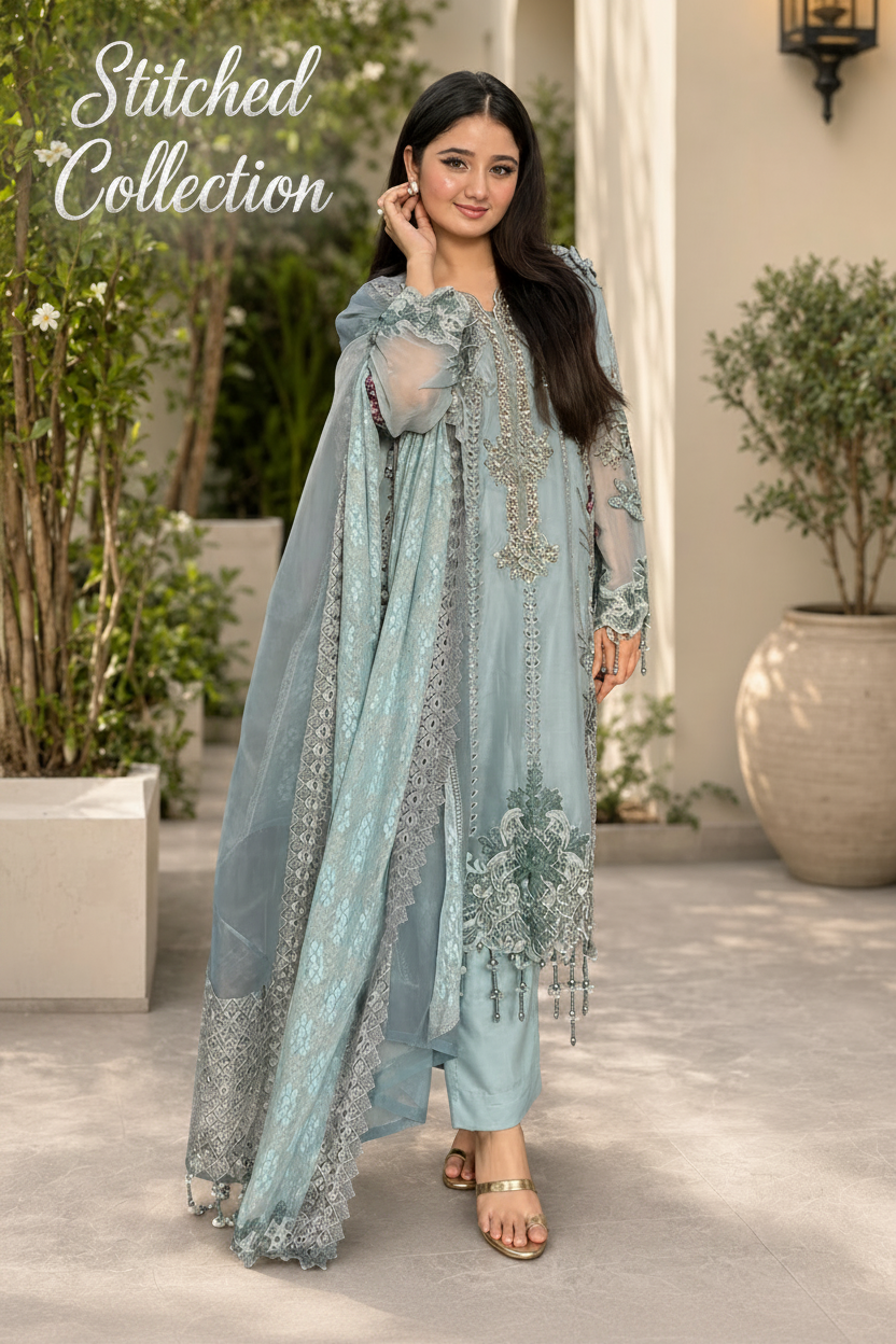 Maria B Luxury Embroidered Chiffon 3Pc Unstitched / Stitched Suit Blue