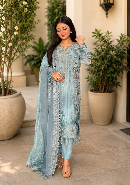 Maria B Luxury Embroidered Chiffon 3Pc Unstitched / Stitched Suit Blue