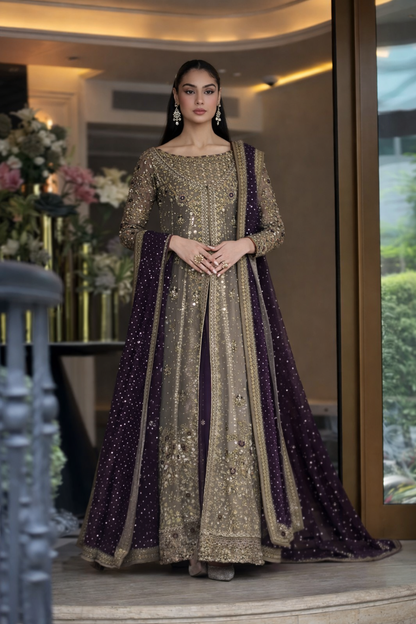 Haris Shakeel Luxury Formals Hand Embellished Addawork Wedding Collection - Tobbaco & Purple