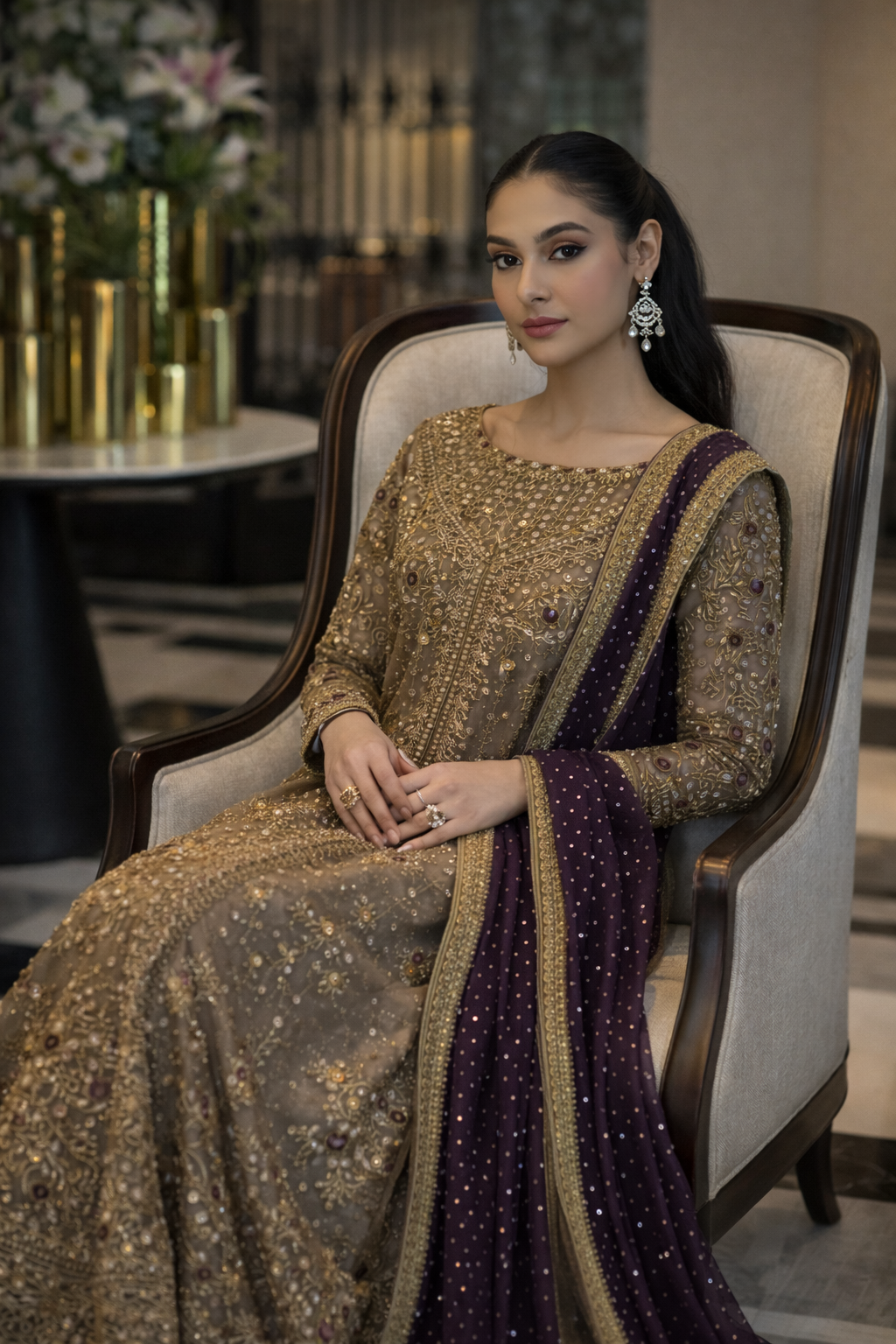 Haris Shakeel Luxury Formals Hand Embellished Addawork Wedding Collection - Tobbaco & Purple