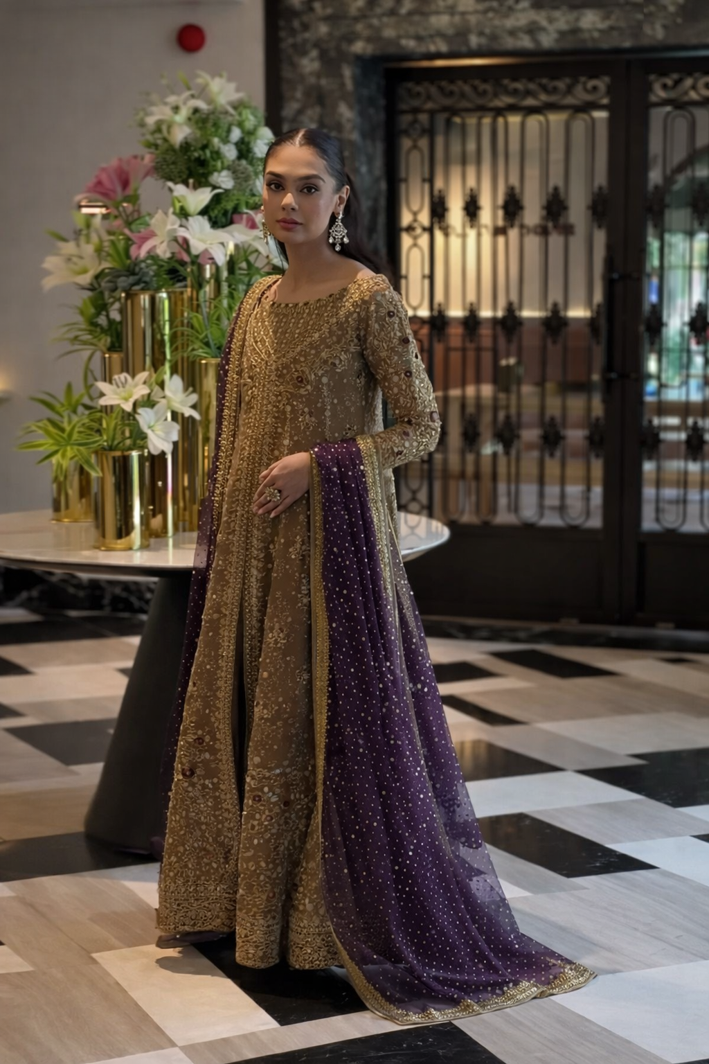 Haris Shakeel Luxury Formals Hand Embellished Addawork Wedding Collection - Tobbaco & Purple