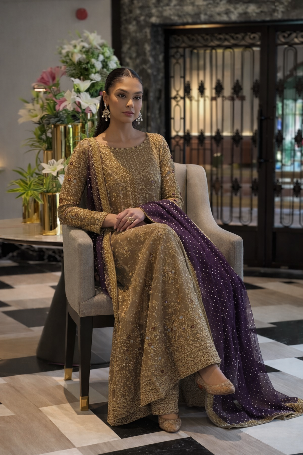 Haris Shakeel Luxury Formals Hand Embellished Addawork Wedding Collection - Tobbaco & Purple
