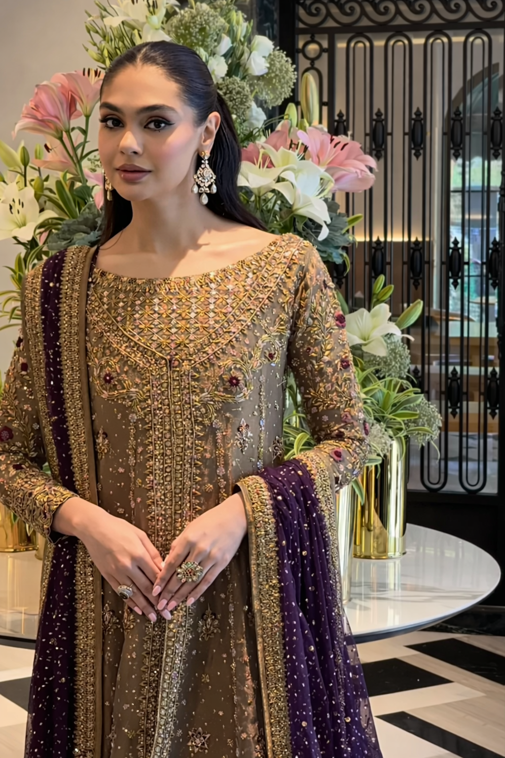 Haris Shakeel Luxury Formals Hand Embellished Addawork Wedding Collection - Tobbaco & Purple