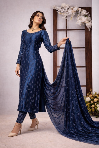 Ahmed Sultan Luxury Pure Raw Silk Unstitched 3 Piece Tangerine Teal Blue