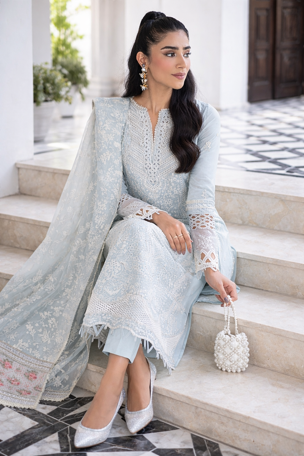Qalamkar Luxury Lawn ChikenKari Embroidered 3 Pc Unstitched Sky Blue