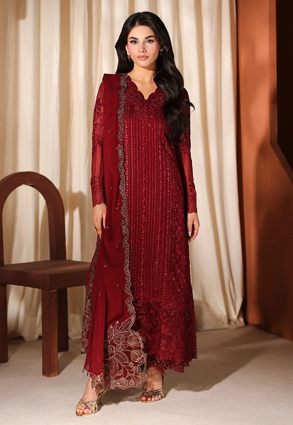 Azure Luxury Chiffon Embroidered 3Pc Unstitched Suit - Cherry Blossom