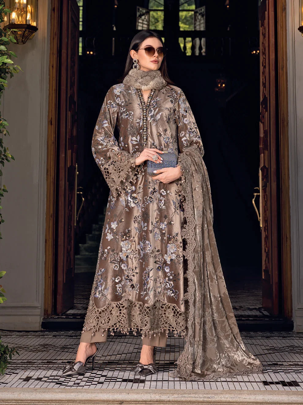 Maria.B Winter Luxe Embroidered Velvet Unstitched 3Pc Suit Palaichi Shawl