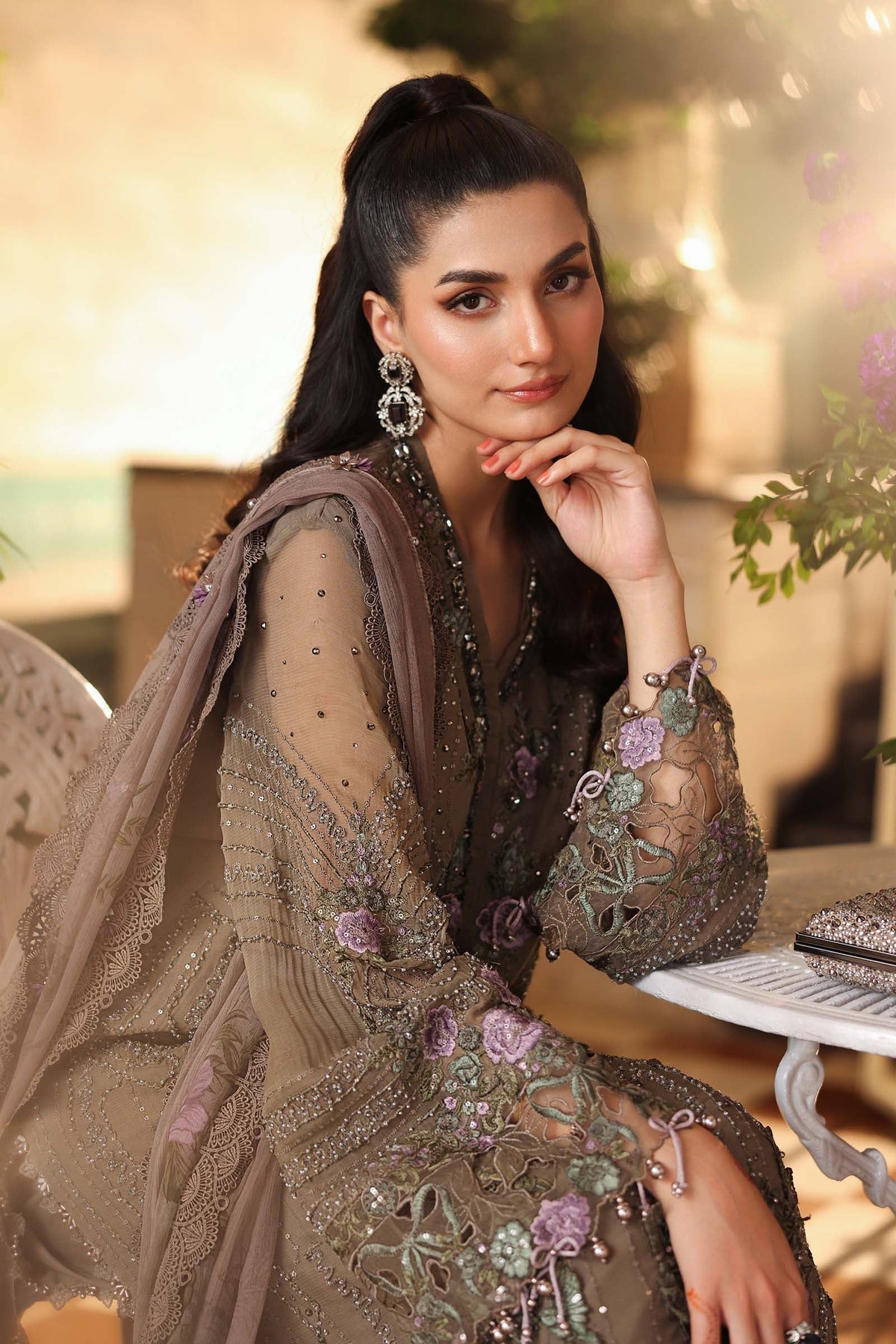 Maria B Luxury Pure Chiffon Embroidered Unstitched 3PC Suit Mocha Brown
