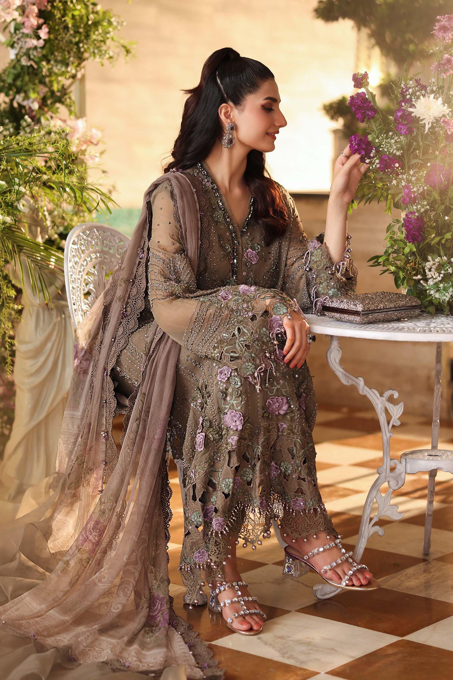 Maria B Luxury Pure Chiffon Embroidered Unstitched 3PC Suit Mocha Brown