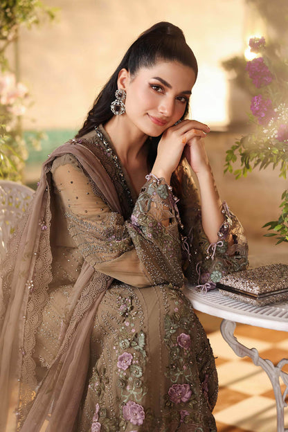 Maria B Luxury Pure Chiffon Embroidered Unstitched 3PC Suit Mocha Brown