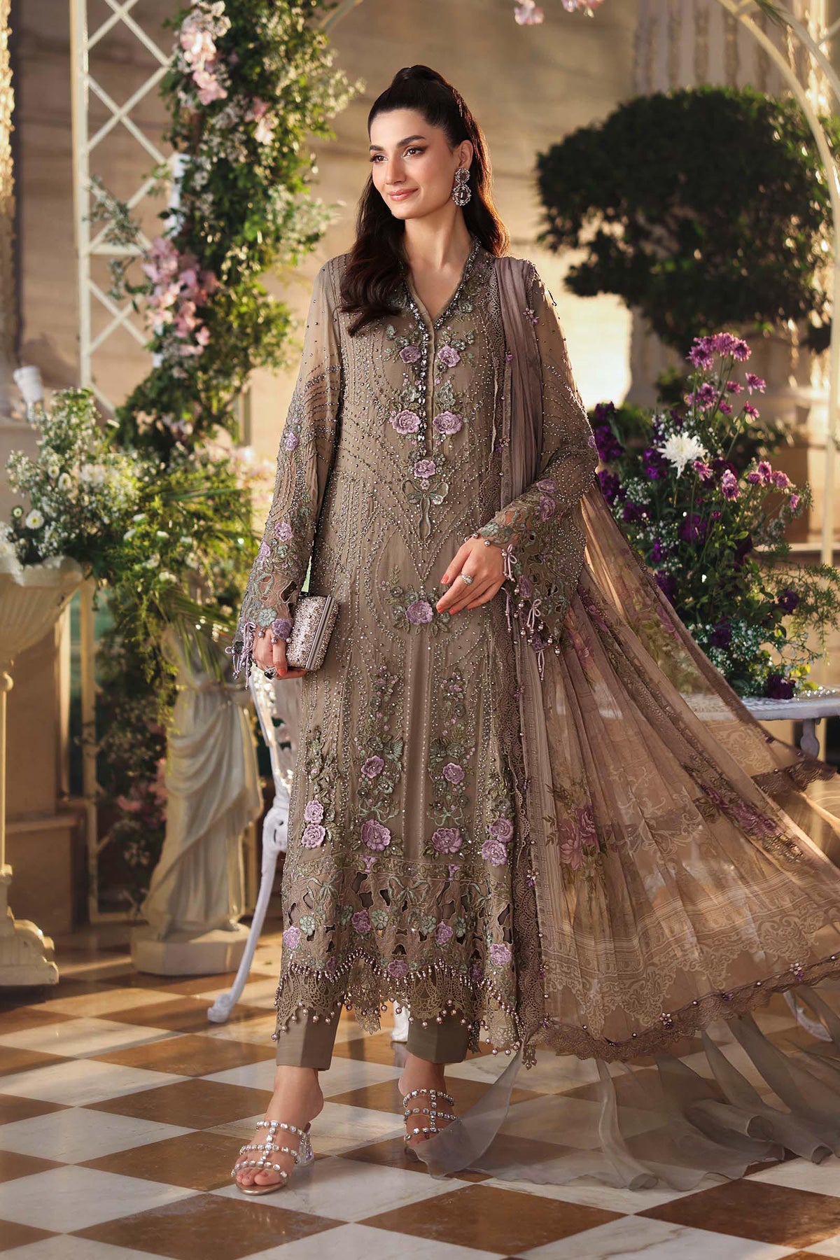 Maria B Luxury Pure Chiffon Embroidered Unstitched 3PC Suit Mocha Brown