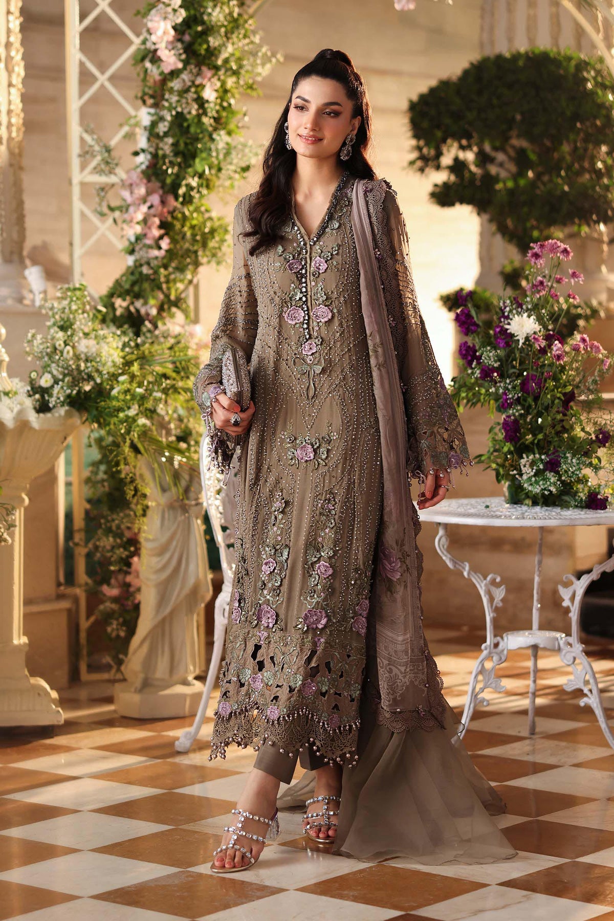 Maria B Luxury Pure Chiffon Embroidered Unstitched 3PC Suit Mocha Brown