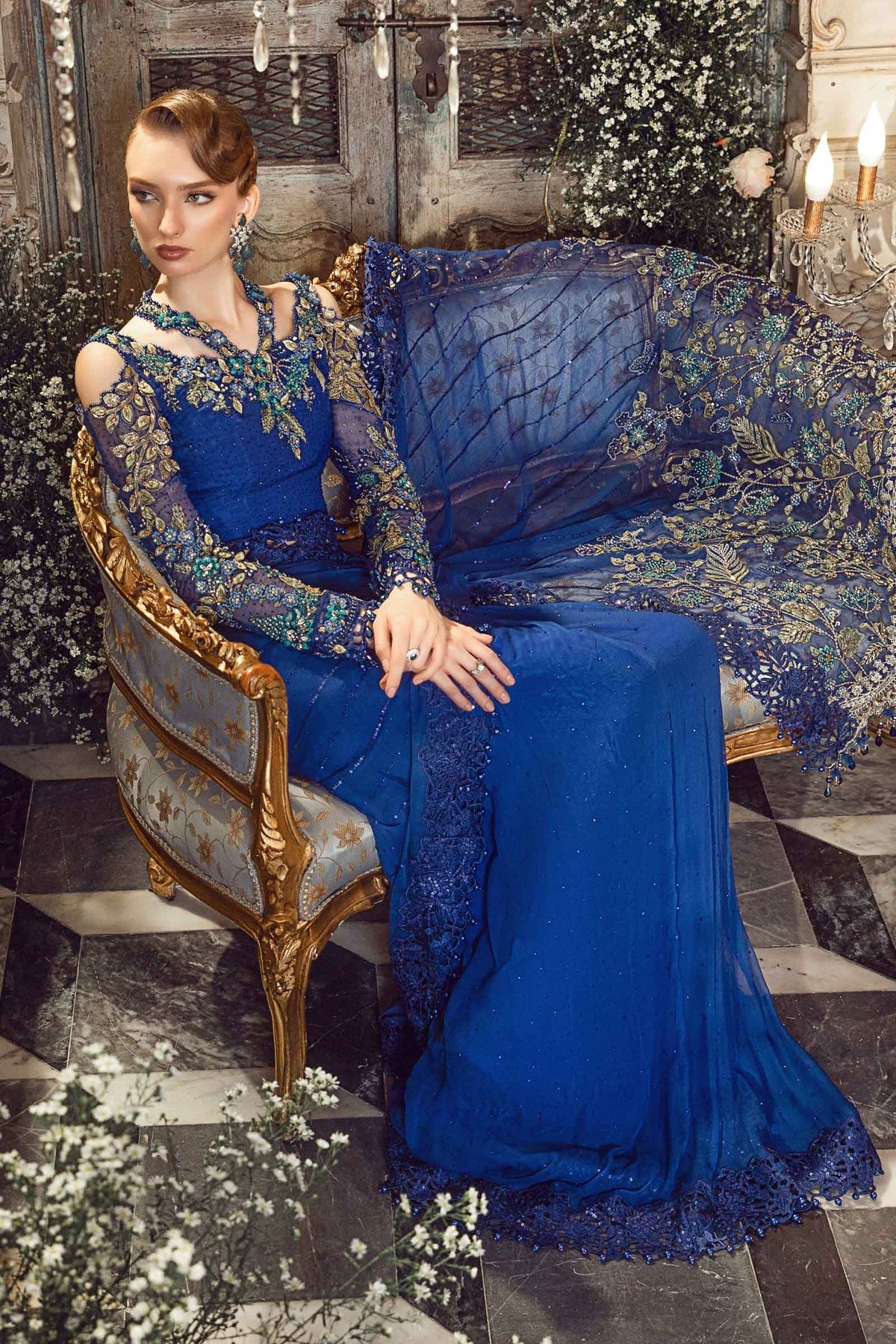 Maria.B - Luxury Pure Chiffon Embroidered 3 Piece Unstitched - Cobalt Blue