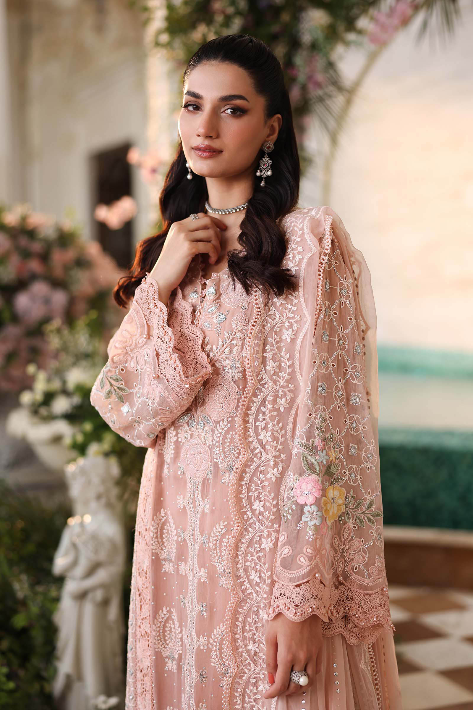 Maria B Luxury Embroidered Chiffon 3Pc Unstitched Suit Pink