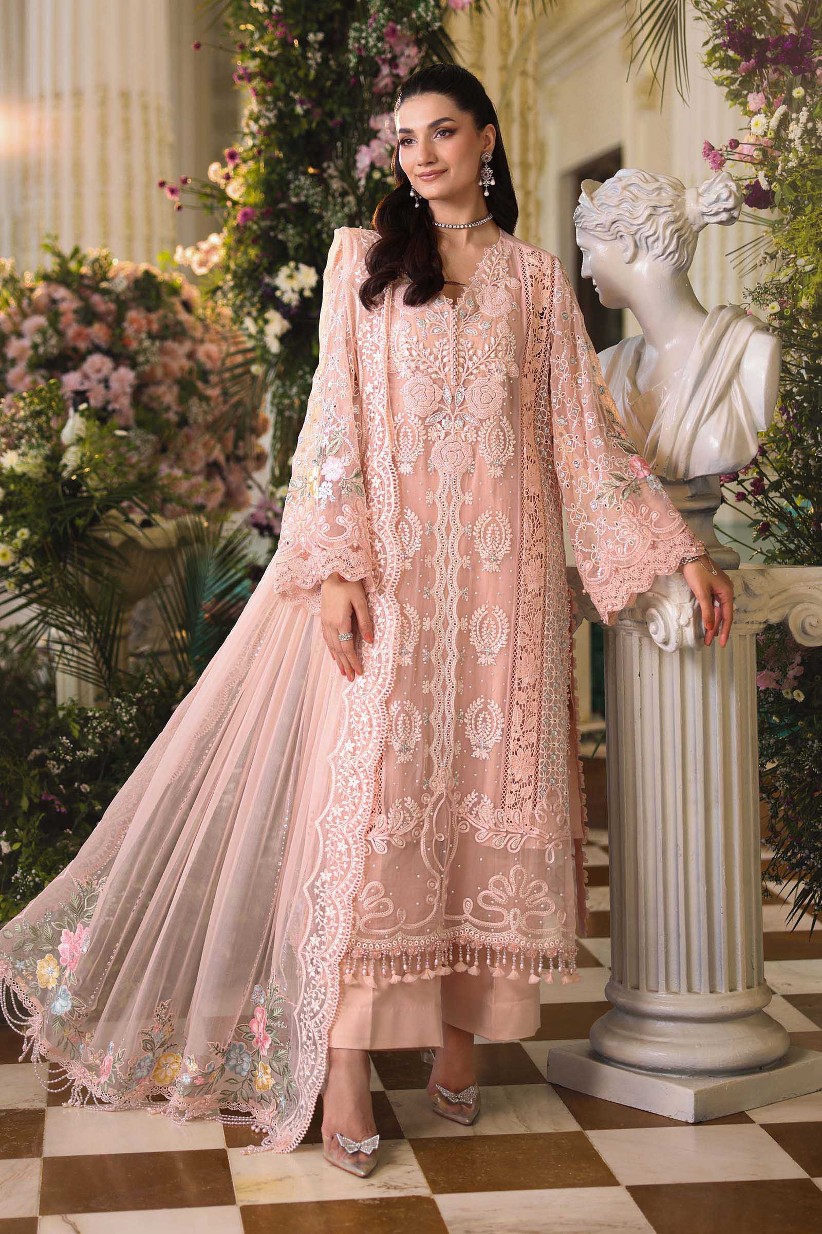 Maria B Luxury Embroidered Chiffon 3Pc Unstitched Suit Pink