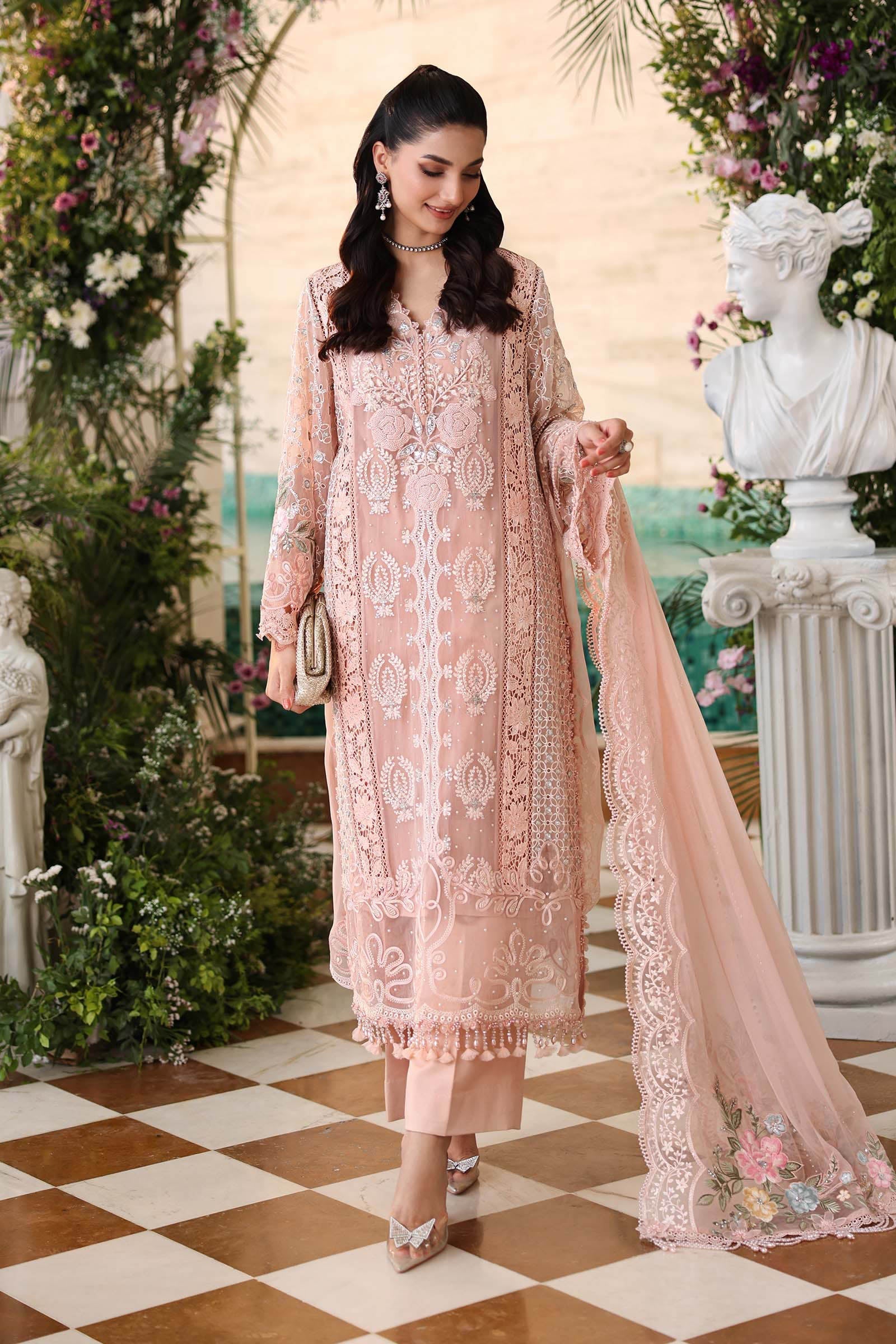 Maria B Luxury Embroidered Chiffon 3Pc Unstitched Suit Pink