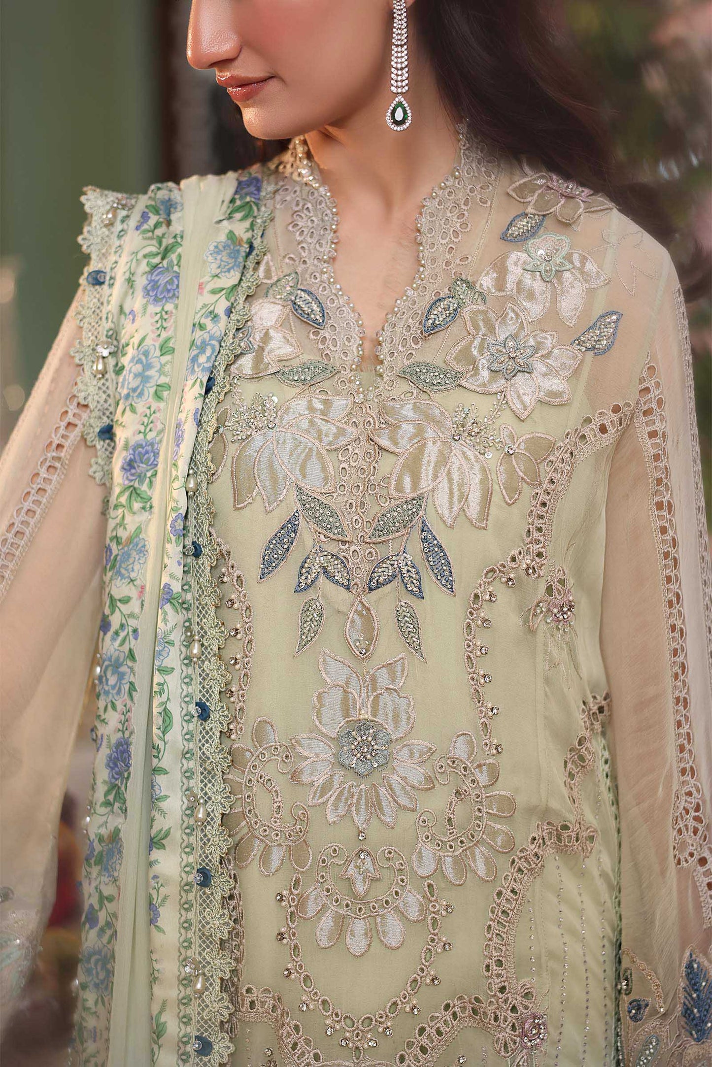 Maria B Luxury Embroidered Chiffon 3Pc Unstitched Suit Green