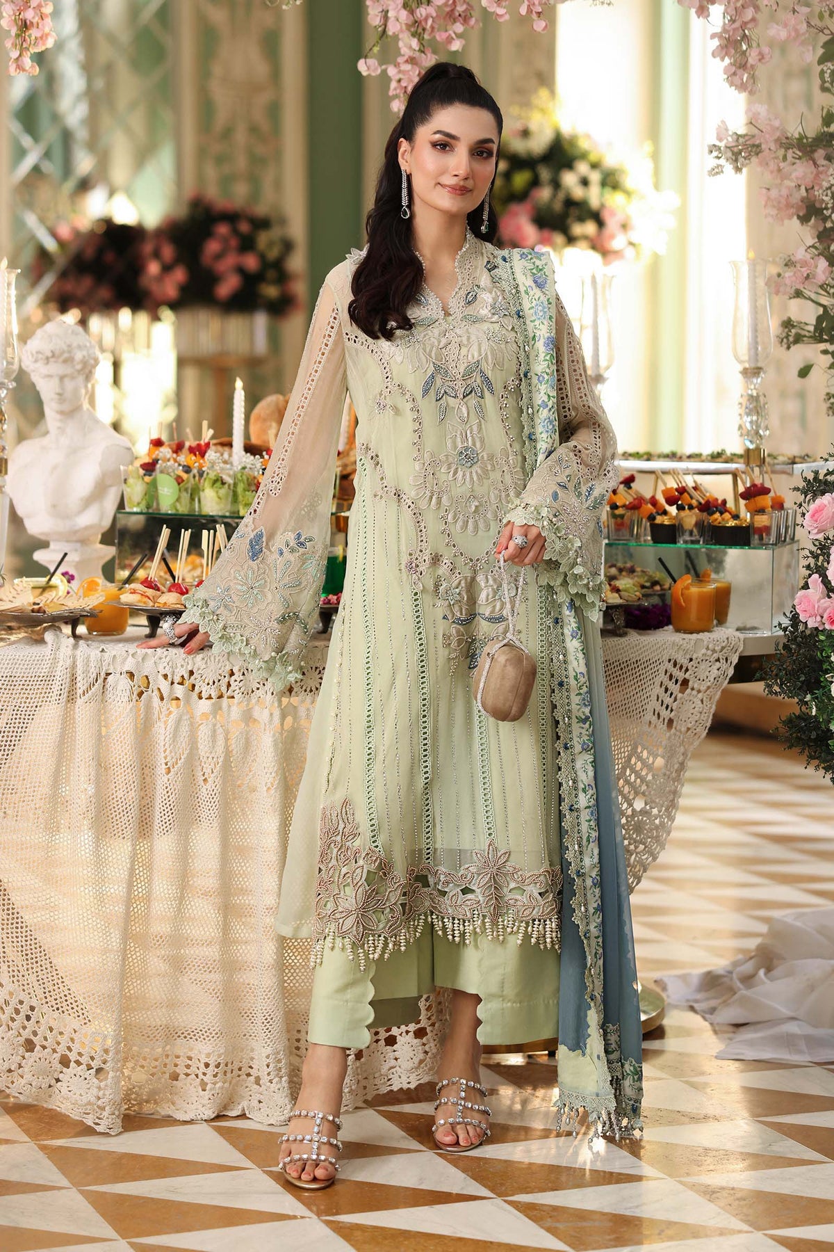 Maria B Luxury Embroidered Chiffon 3Pc Unstitched Suit Green