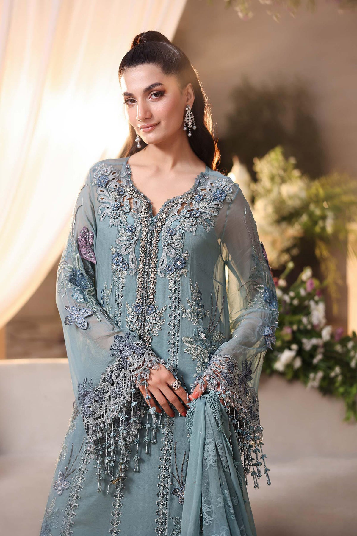 Maria B Luxury Embroidered Chiffon 3Pc Unstitched Suit Blue