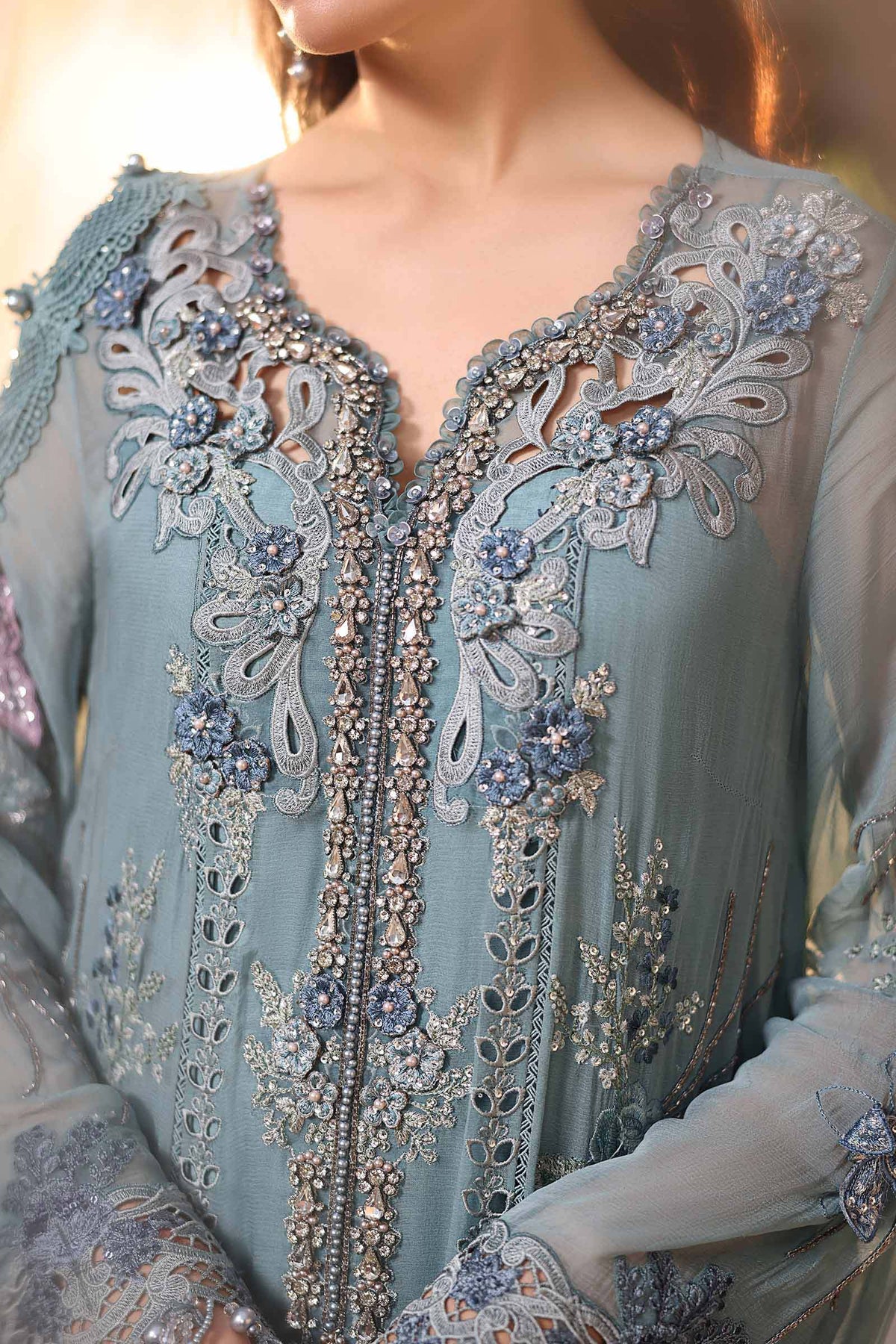 Maria B Luxury Embroidered Chiffon 3Pc Unstitched Suit Blue