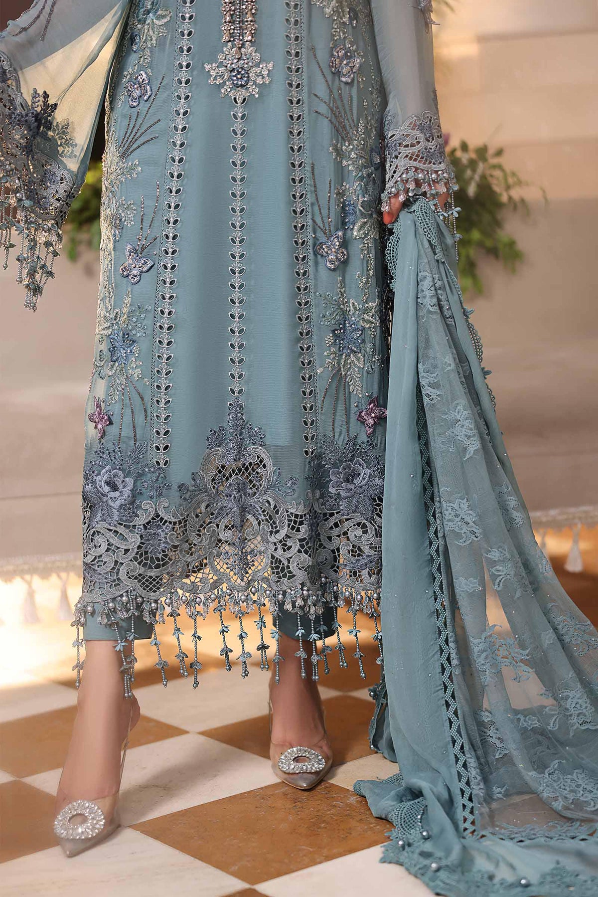 Maria B Luxury Embroidered Chiffon 3Pc Unstitched Suit Blue