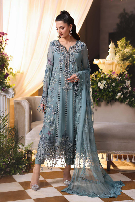 Maria B Luxury Embroidered Chiffon 3Pc Unstitched Suit Blue