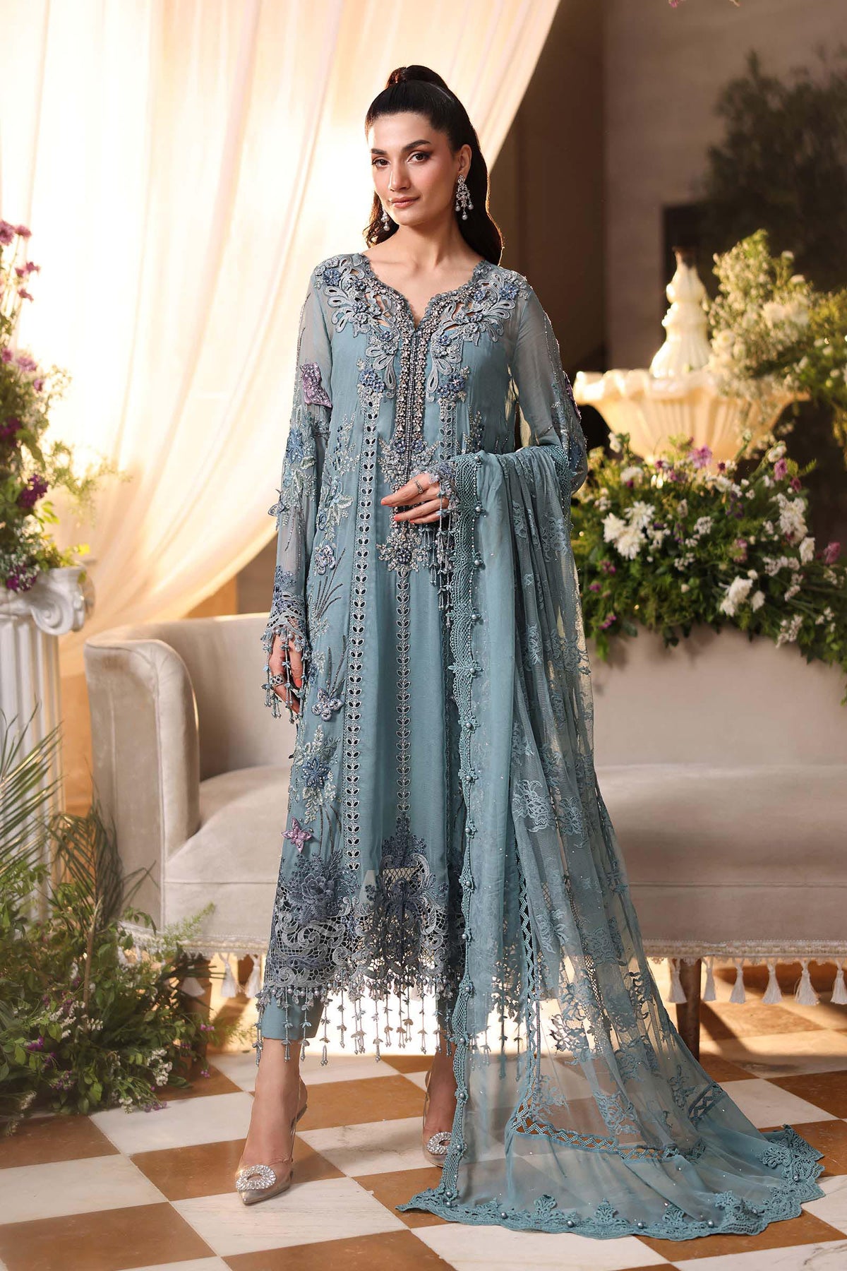 Maria B Luxury Embroidered Chiffon 3Pc Unstitched Suit Blue