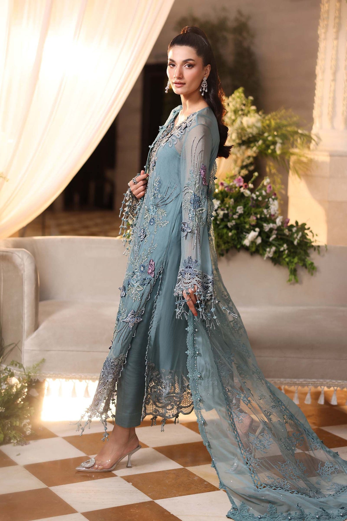 Maria B Luxury Embroidered Chiffon 3Pc Unstitched Suit Blue