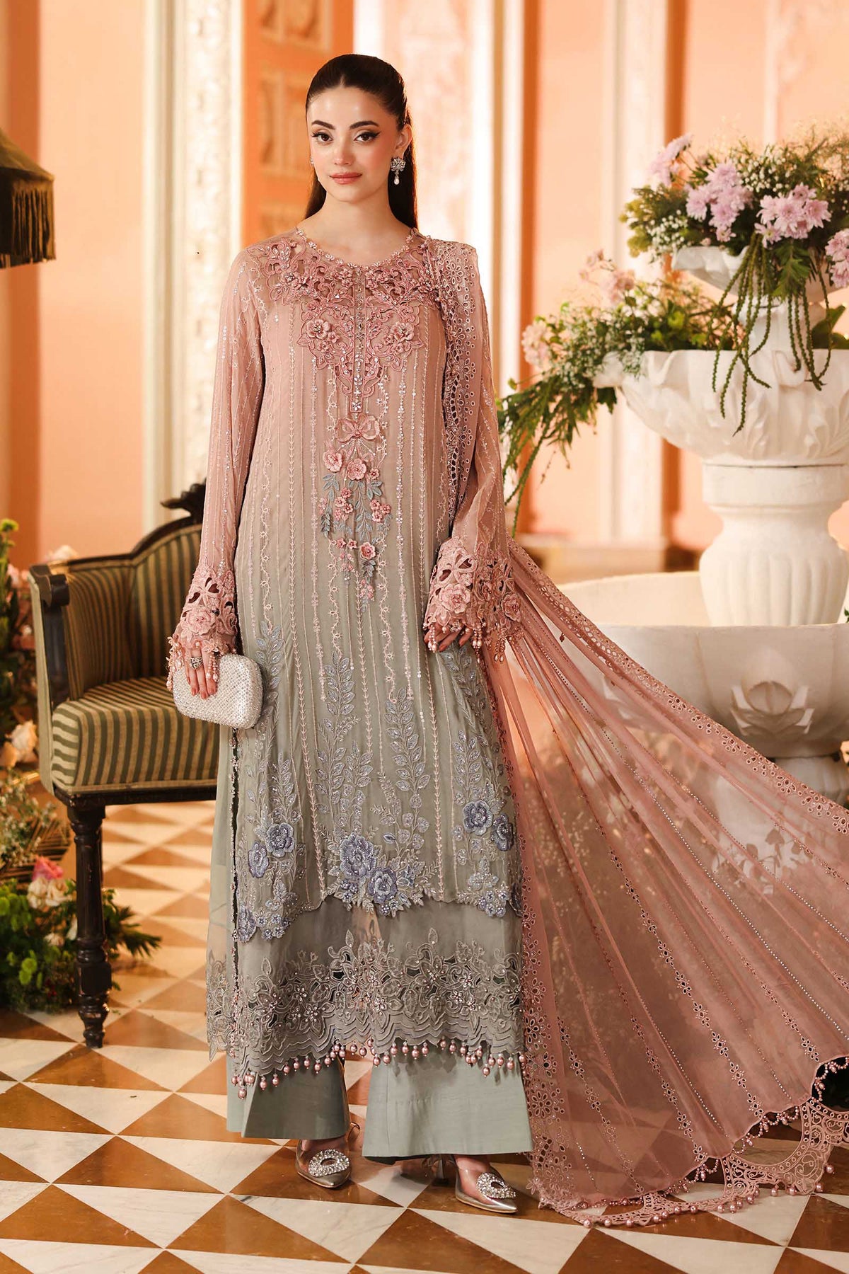 Maria B Blossom Luxury Embroidered Pure Chiffon 3Pc Unstitched Suit