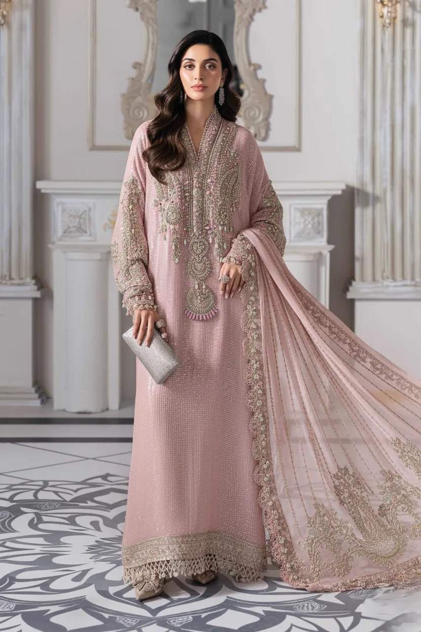 Maria.B Luxury Pure Chiffon Embroidered Unstitched 3 Piece - Baby Pink