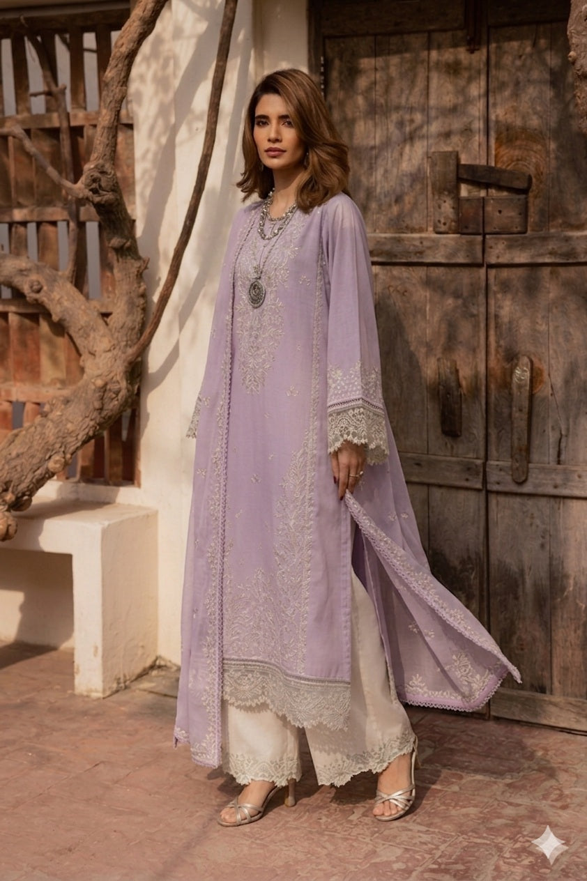 Batik - Luxurious Lawn Embrodiered 3 Piece Unstitched - Lilac