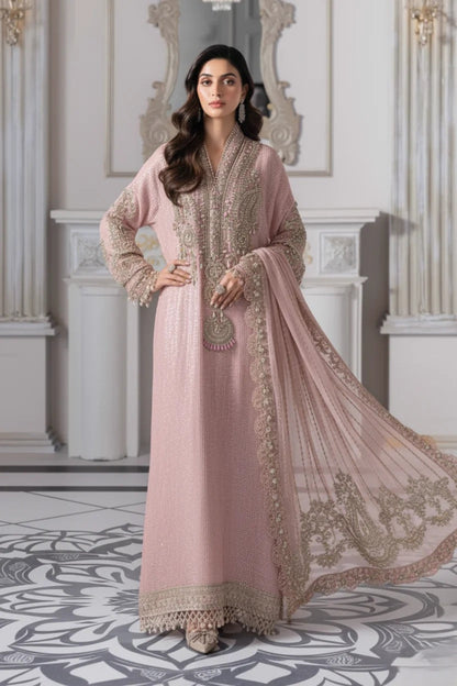 Maria.B Luxury Pure Chiffon Embroidered Unstitched 3 Piece - Baby Pink