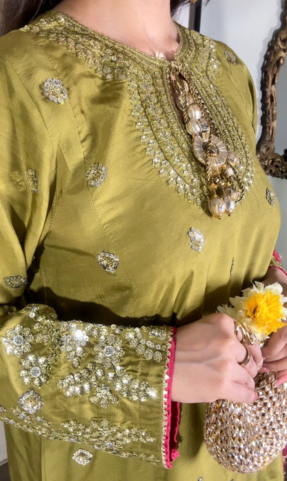 Poshkari Luxury Embroidered Raw Silk 3Pc Stitched Suit