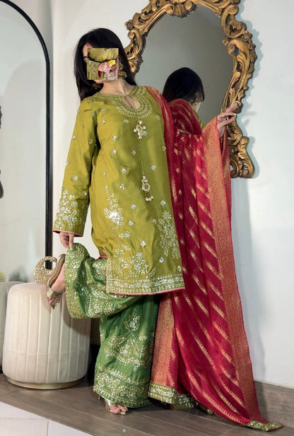 Poshkari Luxury Embroidered Raw Silk 3Pc Stitched Suit