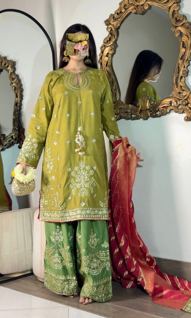 Poshkari Luxury Embroidered Raw Silk 3Pc Stitched Suit
