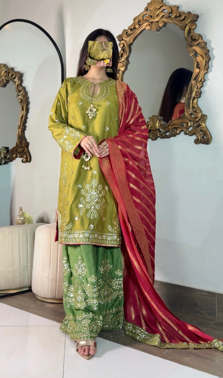 Poshkari Luxury Embroidered Raw Silk 3Pc Stitched Suit