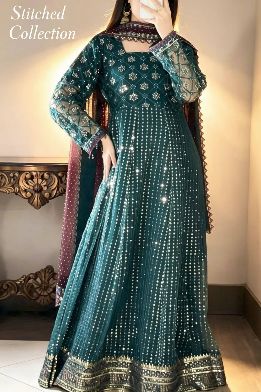 Iznik Meraki Luxury Embroidered Dark Green Luxury Unstitched / Stitched Net Maxi
