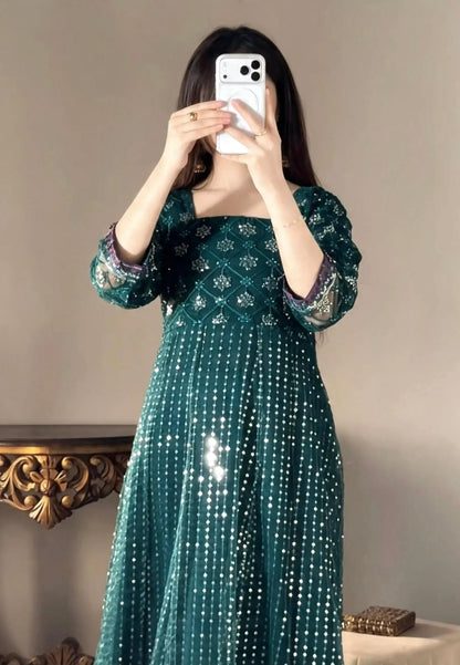 Iznik Meraki Luxury Embroidered Dark Green Luxury Unstitched / Stitched Net Maxi