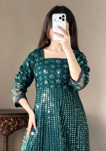 Iznik Meraki Luxury Embroidered Dark Green Luxury Unstitched / Stitched Net Maxi