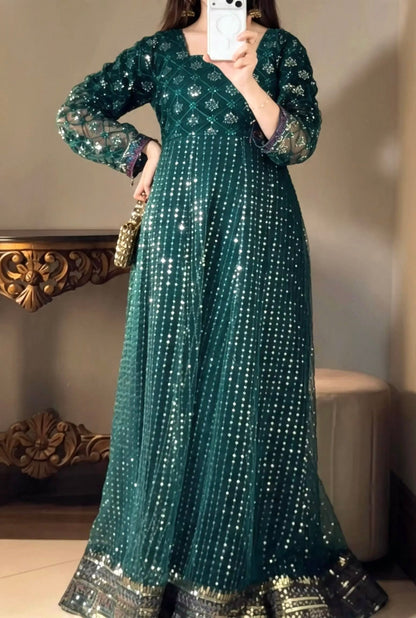 Iznik Meraki Luxury Embroidered Dark Green Luxury Unstitched / Stitched Net Maxi