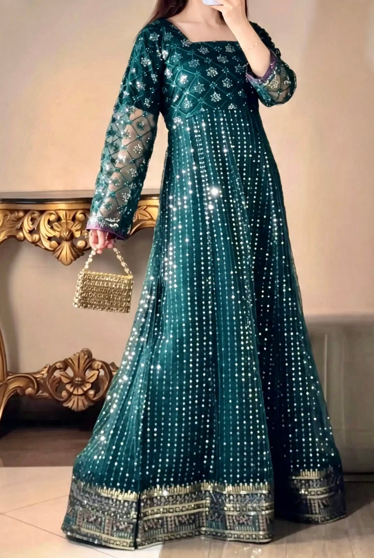 Iznik Meraki Luxury Embroidered Dark Green Luxury Unstitched / Stitched Net Maxi
