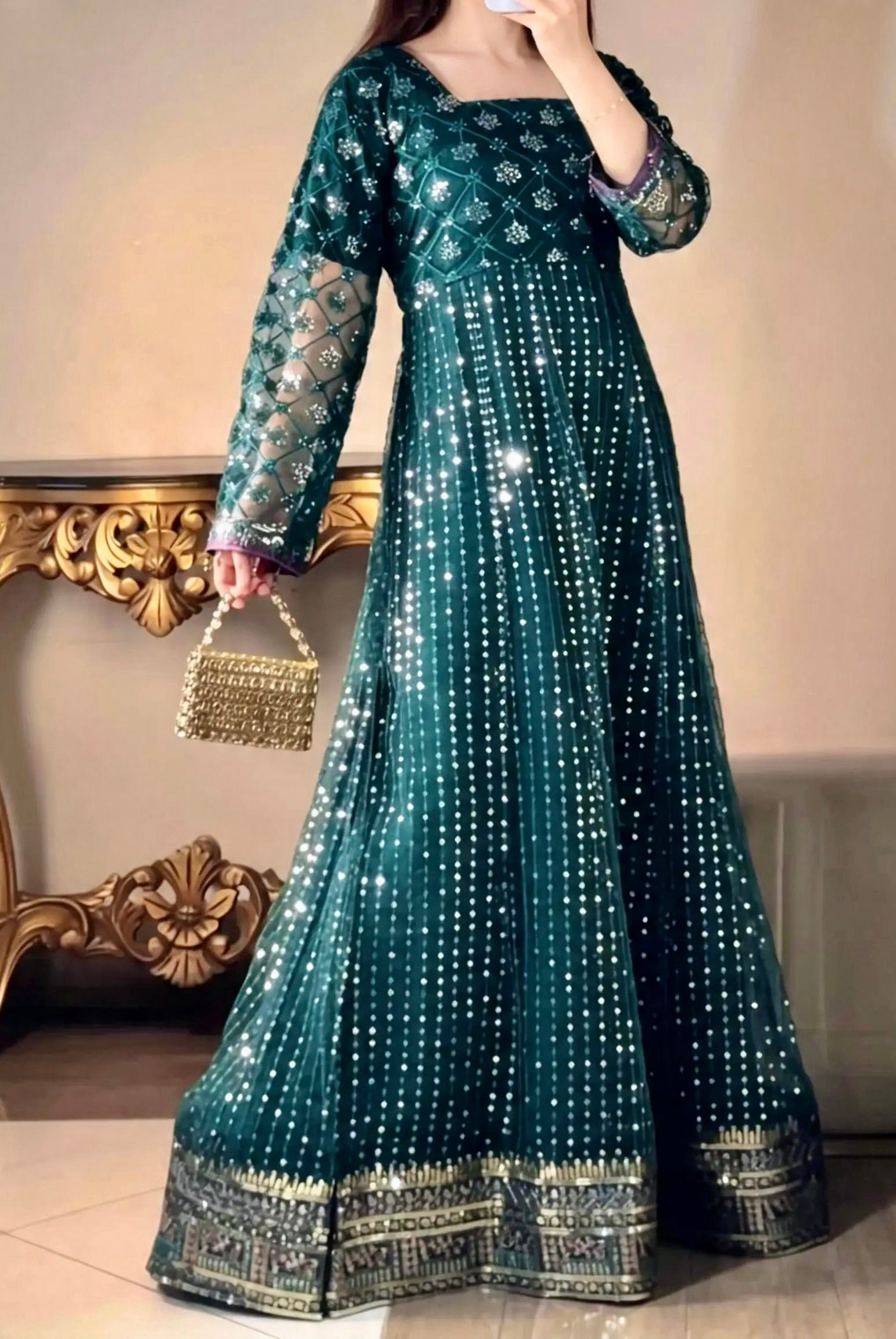 Iznik Meraki Luxury Embroidered Dark Green Luxury Unstitched / Stitched Net Maxi