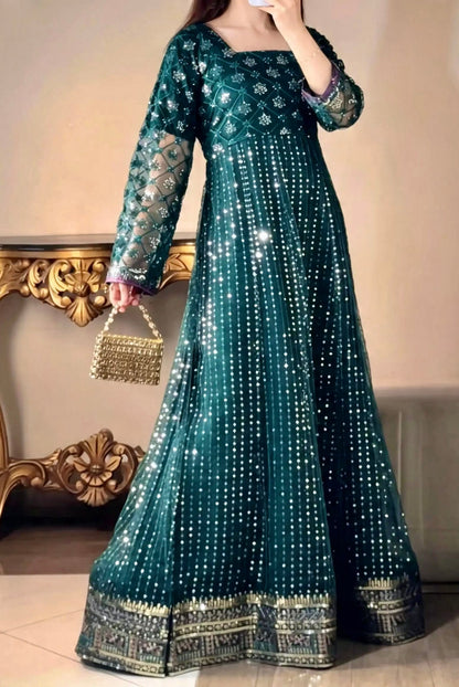 Iznik Meraki Luxury Embroidered Dark Green Luxury Unstitched / Stitched Net Maxi