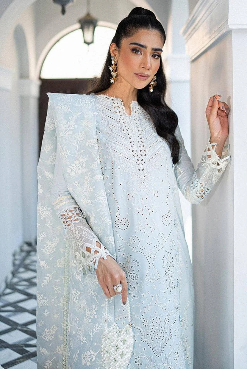 Qalamkar Luxury Lawn ChikenKari Embroidered 3 Pc Unstitched Sky Blue