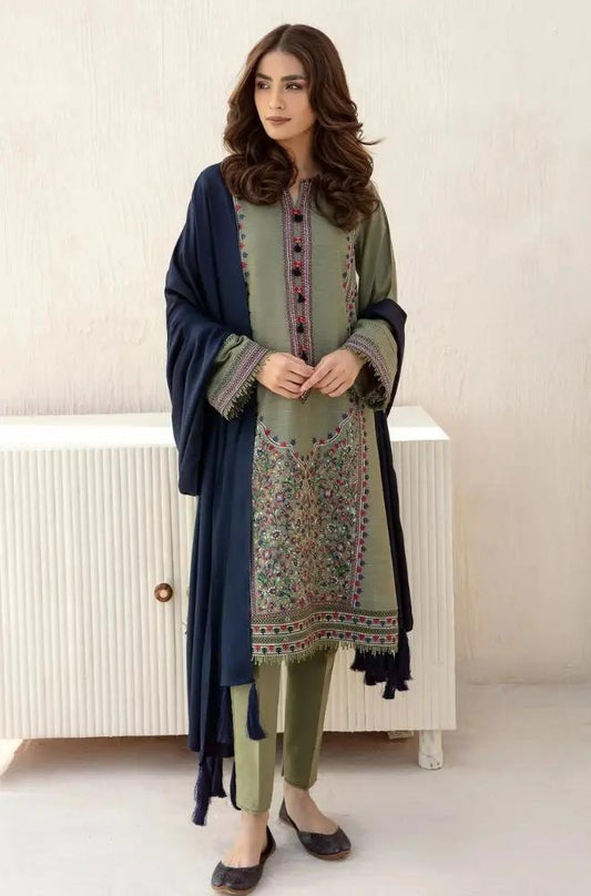 Jazmin - 3PC Unstitched Dhanak Embroidered Shirt with Dhanak Shawl and Trouser