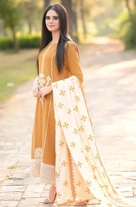 Libaas - 3PC Unstitched Dhanak Embroidered Shirt with Dhanak Embroidered Dupatta
