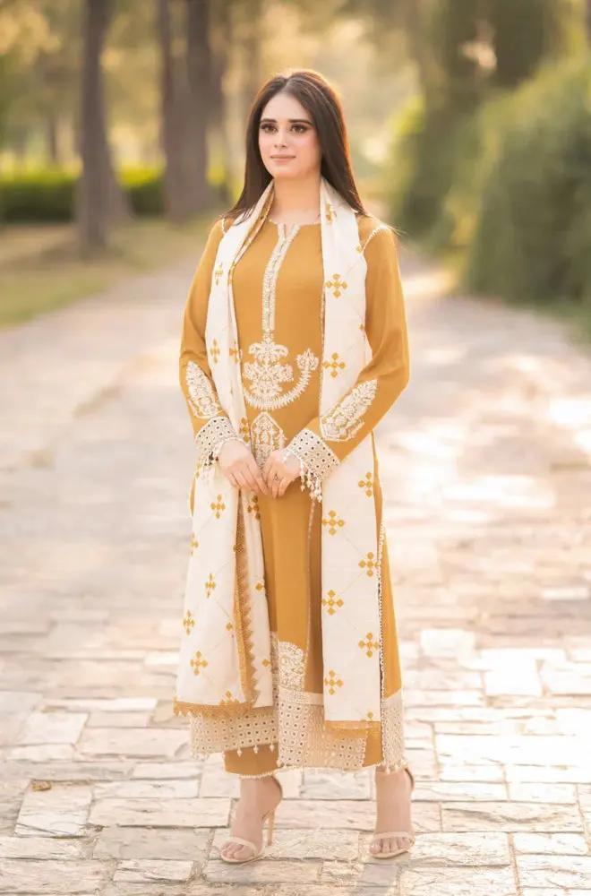 Libaas - 3PC Unstitched Dhanak Embroidered Shirt with Dhanak Embroidered Dupatta