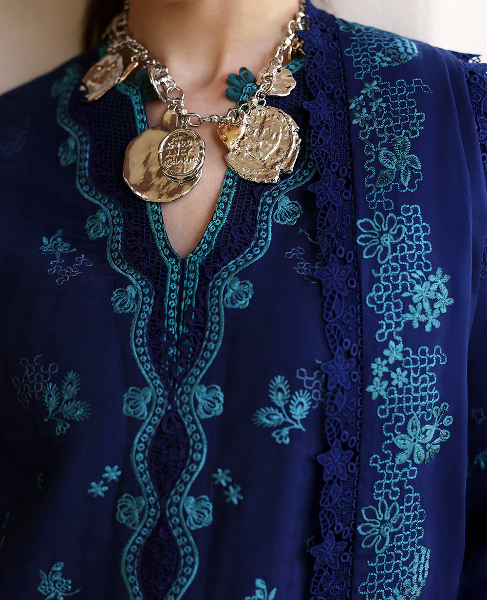 Republic Womenswear Luxury Lawn Embroidered 3 Pc Unstitched Suit NAVY BLUE