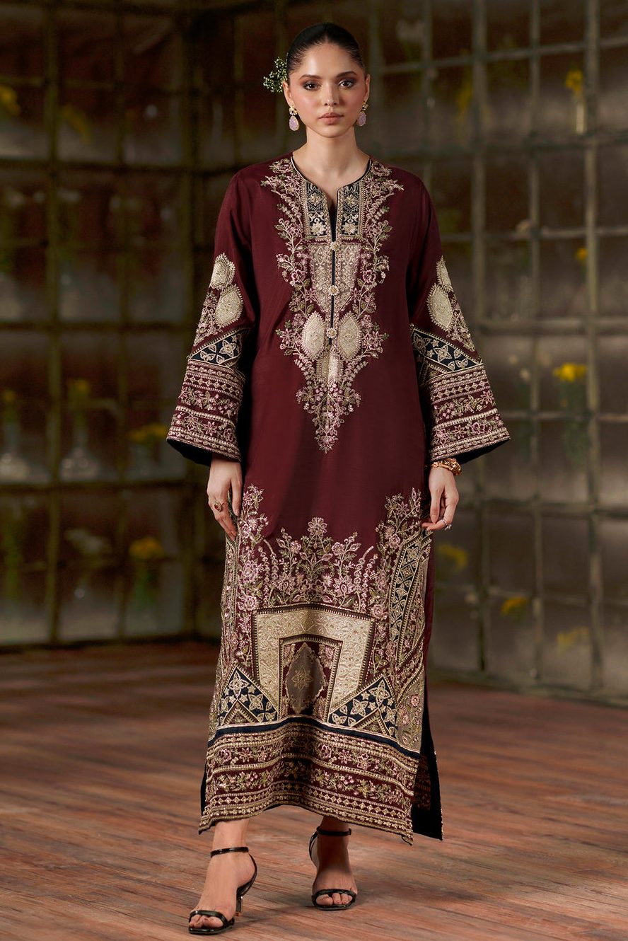 Ethnc /104/414 Luxury Silk Embroidered 3 Pc Unstitched Kaftan Suit